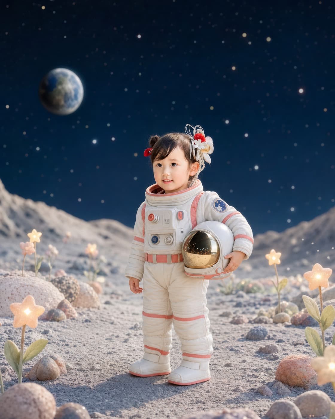 月の庭を探検する宇宙服姿のお子さまのAIフォト