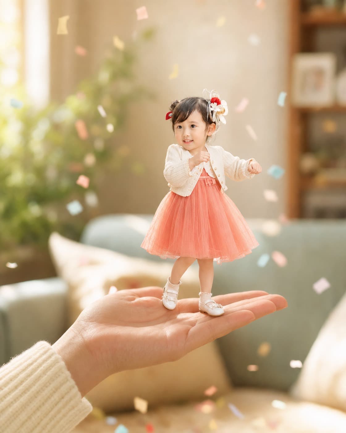 家族の手のひらで踊る小さなお子さまのAIフォト
