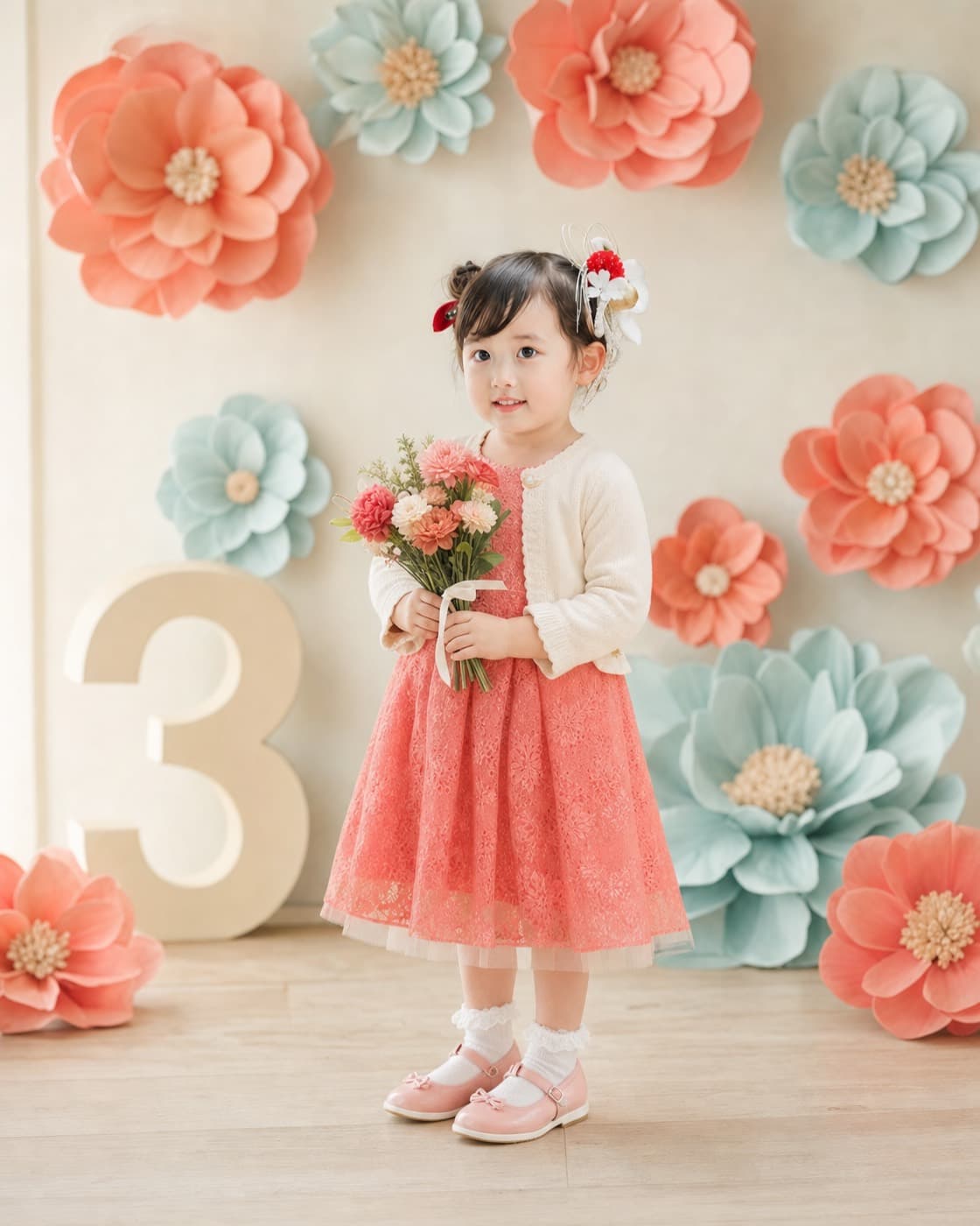 3歳の誕生日を祝うドレス姿のお子さまのAIフォト